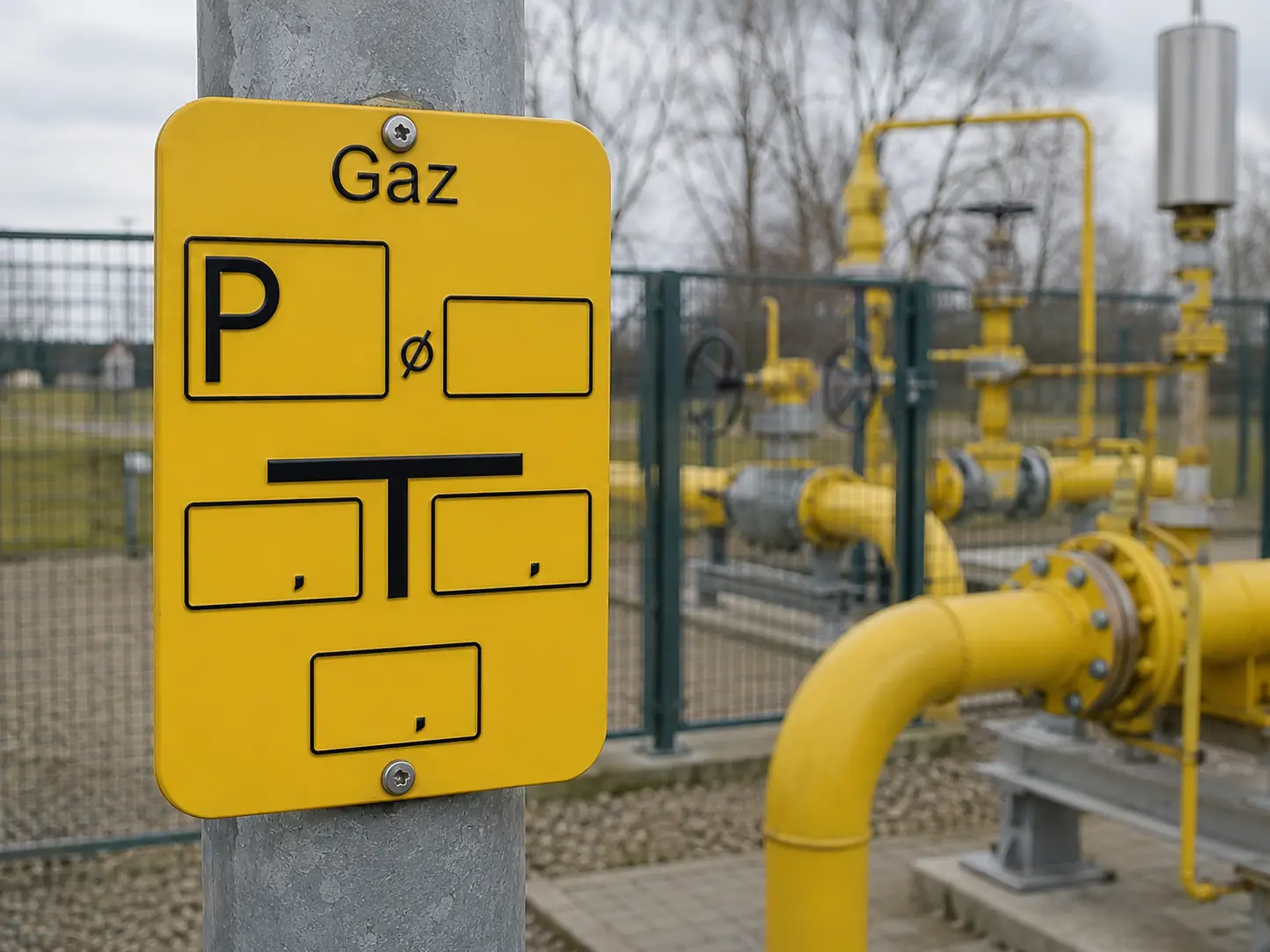 Żółta tablica orientacyjna gazociągu na słupku przy stacji gazowej